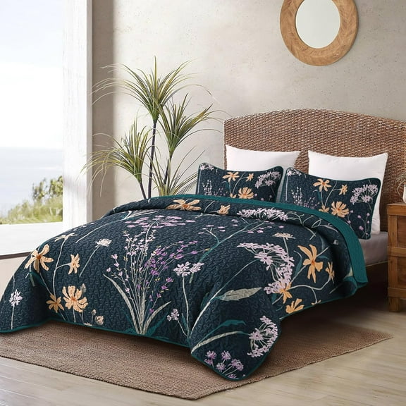 Floral Quilt Set Size Dark Green Botanical Bedspread Coverlet Set 3 Pieces Soft Lightweight Microfiber Flower Quilt Bedding Set for All Season