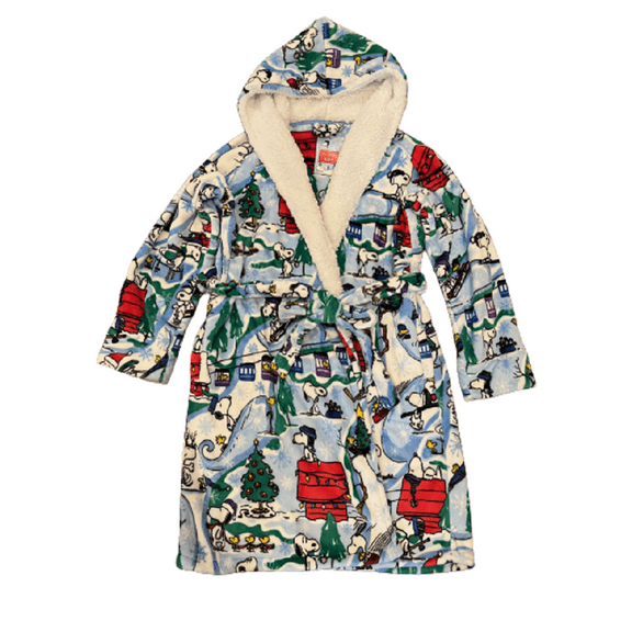 PEANUTS by Vera Bradley Cozy Life Small/Medium Ski Slope Snoopy Pattern Plush Fleece Hooded Robe, Light Blue