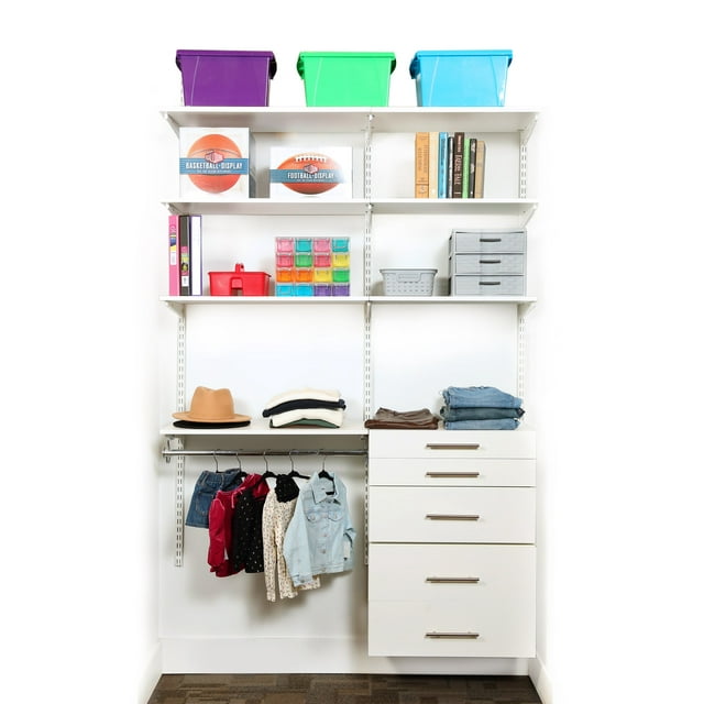 Kids Reach-In Closet System Organizer, 54"W x 78"H x 14"D, Hanging Rod, Wood shelves and Drawers, White RS1048