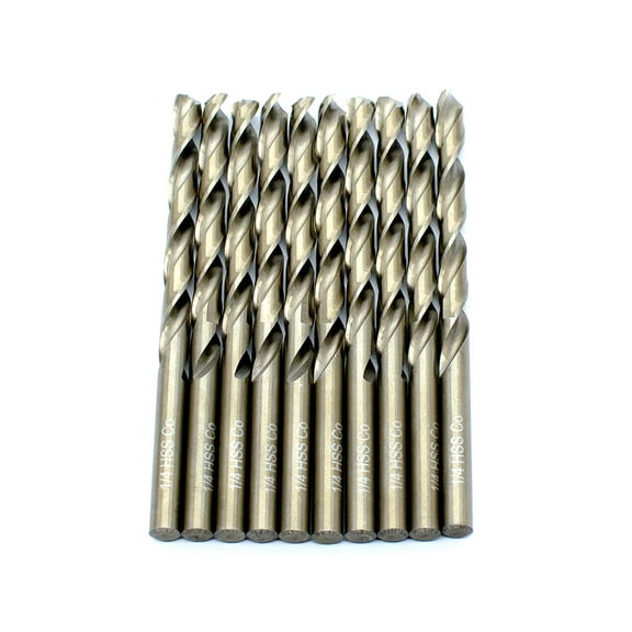 DFVPRO Cobalt M35 Steel High-speed Drill Bits - Exceptional Hardness and Heat Resistance, Improved Cutting Performance, Versatile for Wood, PVC, and Metal - 1/4" Bronze Coated (Pack of 10)