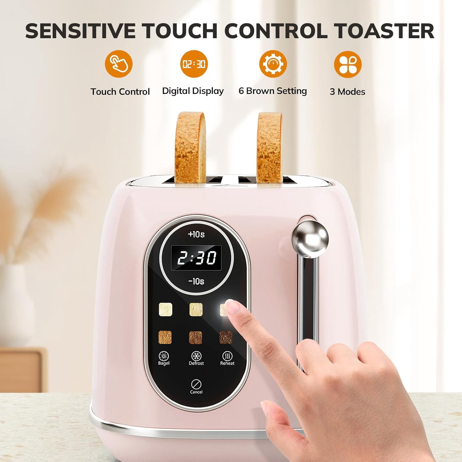 Smart Touch Screen Toaster 2 Slice, Retro Wide Slot Stainless Steel Toaster with 6 Browning Levels, Reheat & Defrost, for Bagel, Toast, Bread, Removable Crumb Tray, Black