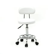 Rolling Stool with Back, Adjustable Stool Chair with Wheels and Footrest, PU Leather Upholstered Shop Stool for SPA Salon Home Bar, 13.4" x 13.4" x 32.87"(L*W*H), White