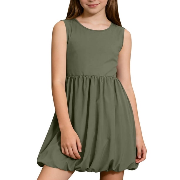 Vestido elástico sin mangas para niñas, estilo patinador, corte en A, con volantes, para recital escolar, liso, sin mangas, cuello redondo, de poliéster.