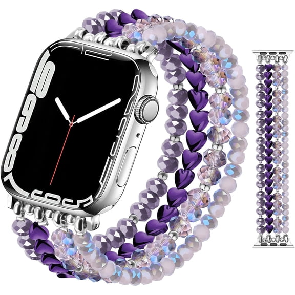 EIKODO-Beaded Bracelet Women Compatible with Apple Watch 38mm 40mm 41mm 42mm 44mm 45mm, Stretch Handmade Feminine Strap Wristband Replacement for iWatch Series SE/9/8/7/6/5/4/3/2/1, Purple