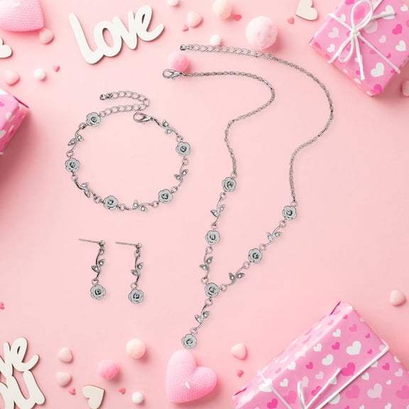 Dmlowu Rose jewelry sets for women - Necklace & Earrings & Bracelets jewelry set for Valentines Day, Anniversary, Fashion jewelry set gifts for women wife mother