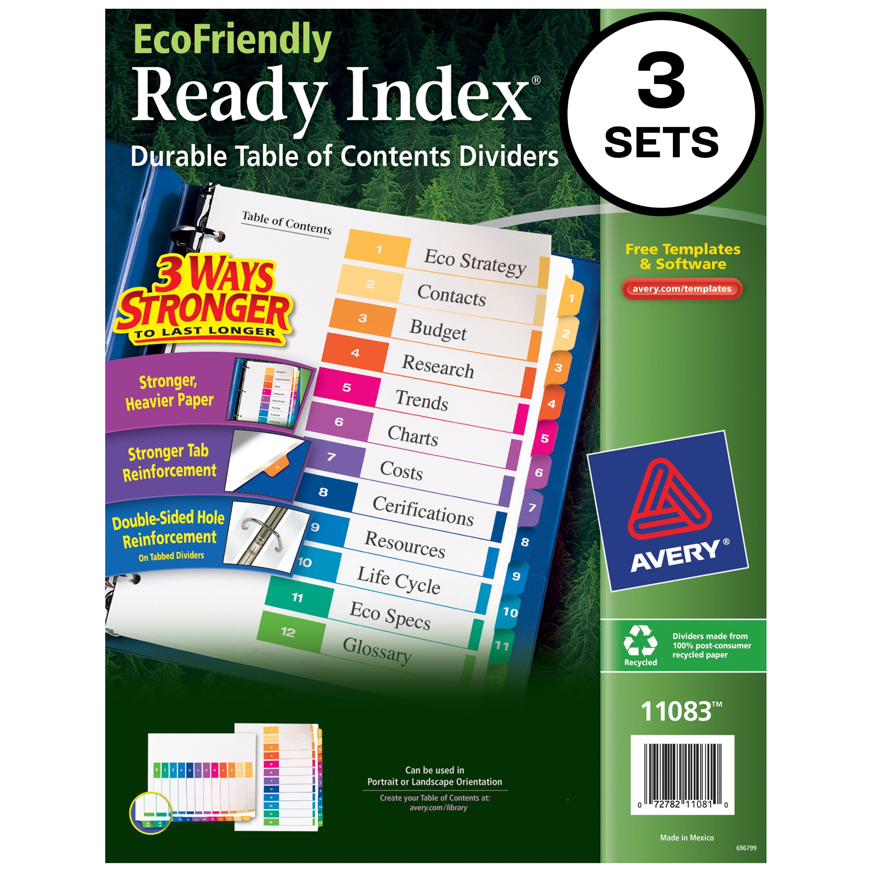 Avery Ready Index Eco-Friendly 12 Tab Binder Dividers, Customizable Table of Contents, 3 Sets (11083)