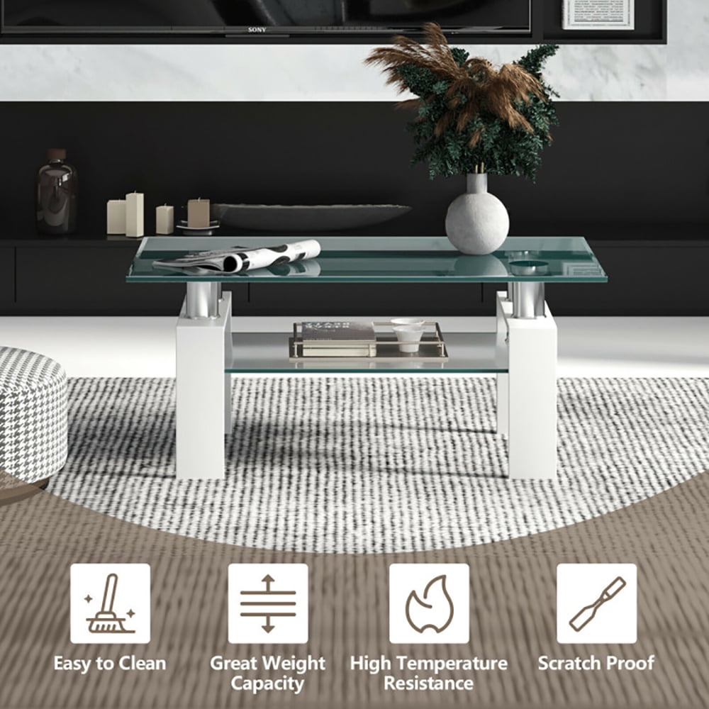 Finihen Glass Coffee Table, Rectangular Coffee Table, Rectangle Glass Coffee Table with Metal Legs, for Living Room, Reception Room, White Finihen Glass Coffee Table, Rectangular Coffee Table, Rectangle Glass Coffee Table with Metal Legs, for Living Room, Reception Room, White
