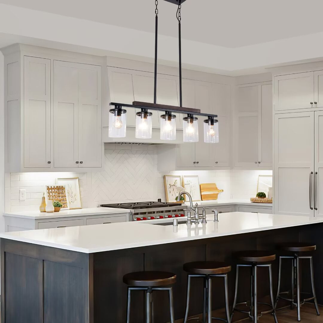 AFANQI 5 Light Black Kitchen Island Pendant, Modern Dining Room Linear Light Fixture, 31" Black Pendant with Clear Glass Shade
