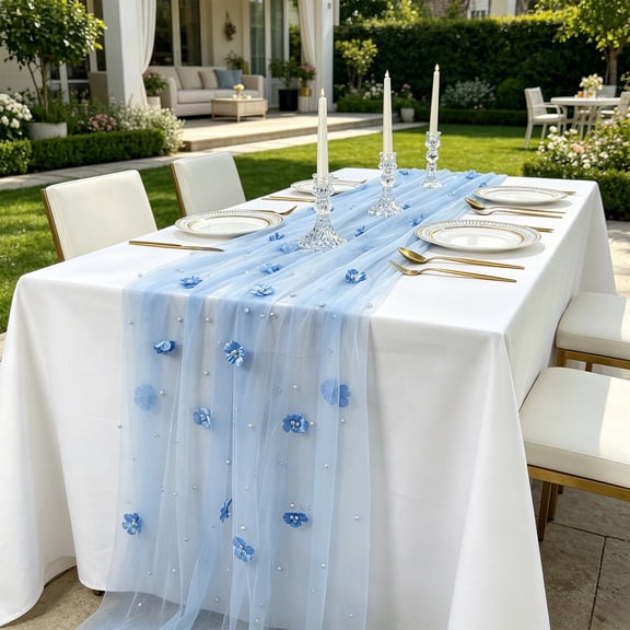 Pearl Table Runner, Tulle Light Blue Summer Cheesecloth 9FT Gauze Cheese Cloth Sheer Chiffon Dining Wedding Birthday Party Bridal Anniversary Holiday Centerpiece Table Decor