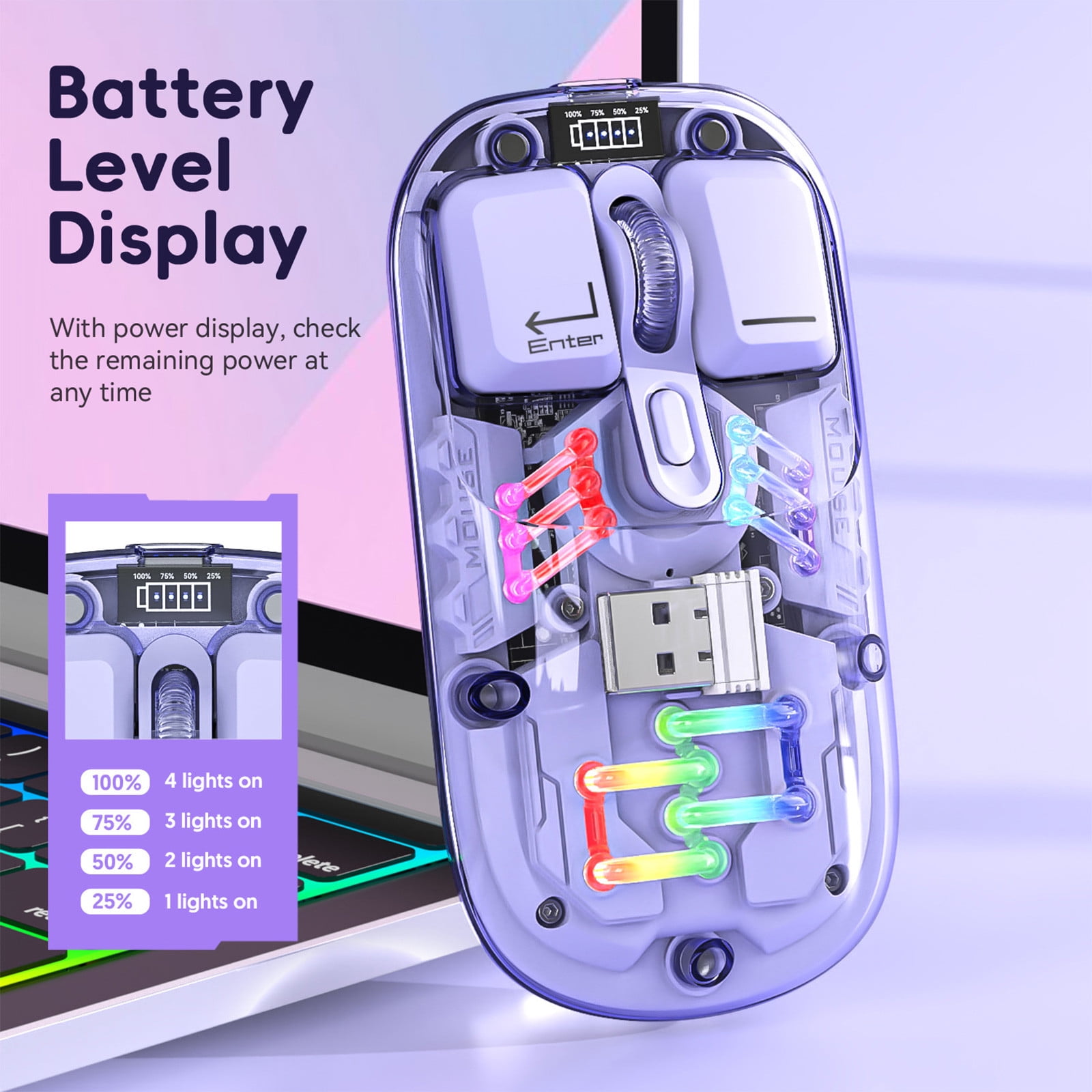 SPOORYYO Transparent Wireless Mouse with Dual 2.4G/Bluetooth 5.0 Connection, RGB Backlight, and Type-C Rechargeable - High-Capacity Battery and Precision Sensor for Office and Gaming