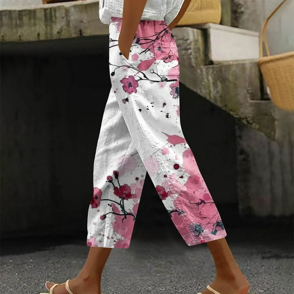 YOIAVAIOY Print Capri Pants for Women Wide Leg Casual Pants Elastic Drawstring Summer Floral Graphic Capris Multicolor M