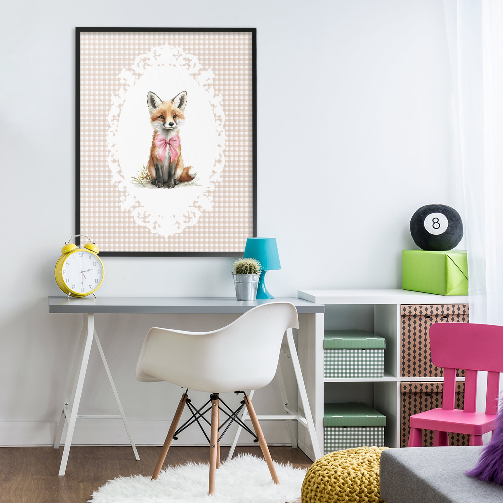 Stupell Industries Vintage Bow Fox on Gingham Black Framed Giclee Art, design by Christine Simpson Art