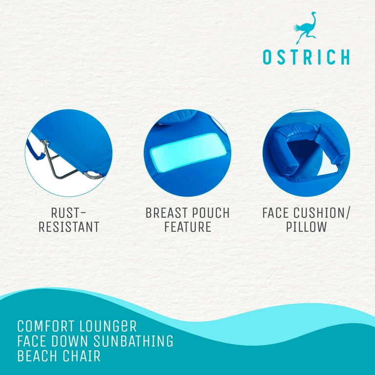 Ostrich Comfort Adjustable Face Down Beach Lounger w Adjustable Pillow Blue