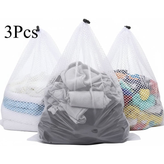 3 Pcs White Mesh Laundry Bags Washing Machine Mesh Wash Bags Jumbo for Delicates Clothes,Bed Linen,Toys with Drawstring Closure Sturdy(3 XXLarge 28 x 26 Inches)