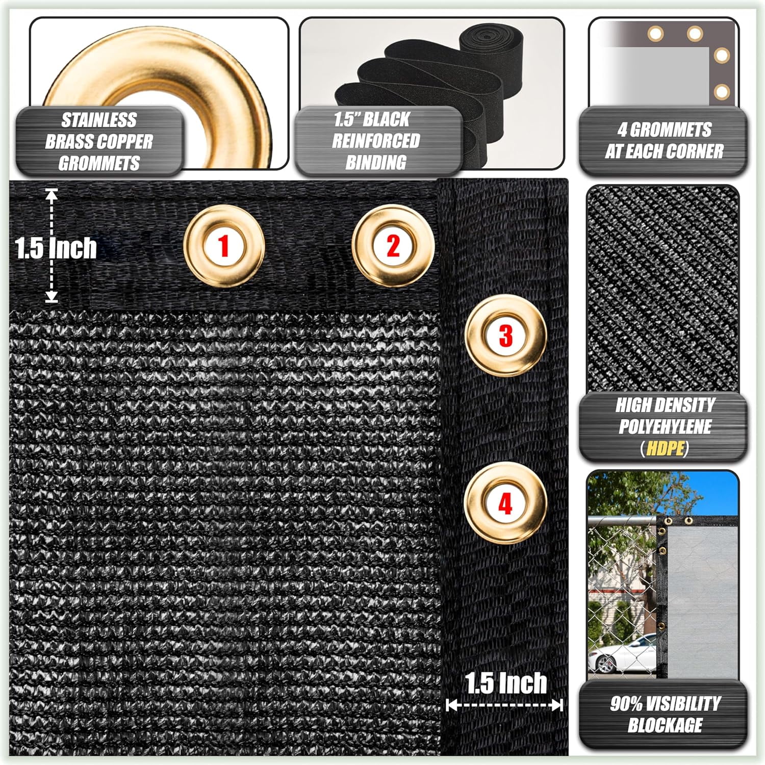 ColourTree 6' x 7' Black Fence Privacy Screen Windscreen Cover Shade Fabric Cloth, 90% Visibility Blockage, with Grommets, Heavy Duty Commercial Grade, Zip Ties Included - (We Make Custom Size)