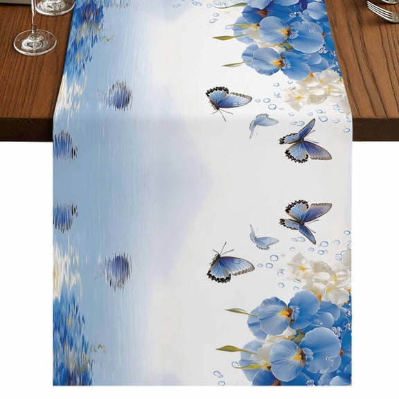 Flower Butterfly Blue 70 Inch Table Runner, Spring Botanical Watercolor Floral Leaf Farmhouse Dresser Scarf Cotton & Linen Tablerunner for Dining/Kitchen Island/Holiday Party Décor 13" x 70"