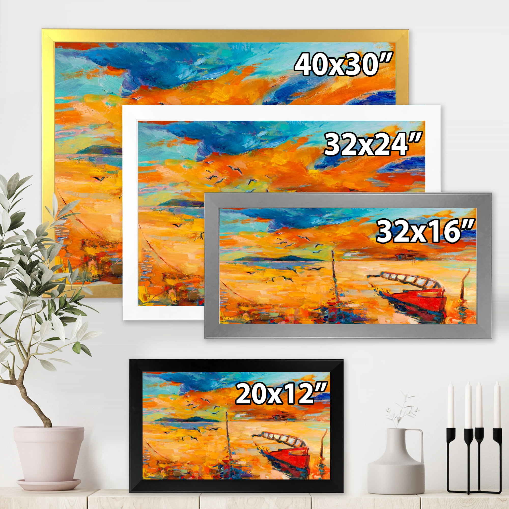 Boat At The Lake During Evening Glow VIII 32 in x 24 in Framed Painting Canvas Art Print, by Designart