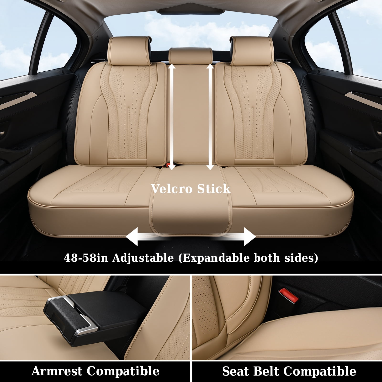 Coverado Full Set Car Seat Covers, Waterproof Faux Leather Front and Rear Seat Protector, Breathable Seat Cushions Universal Fit for Most Cars, Beige