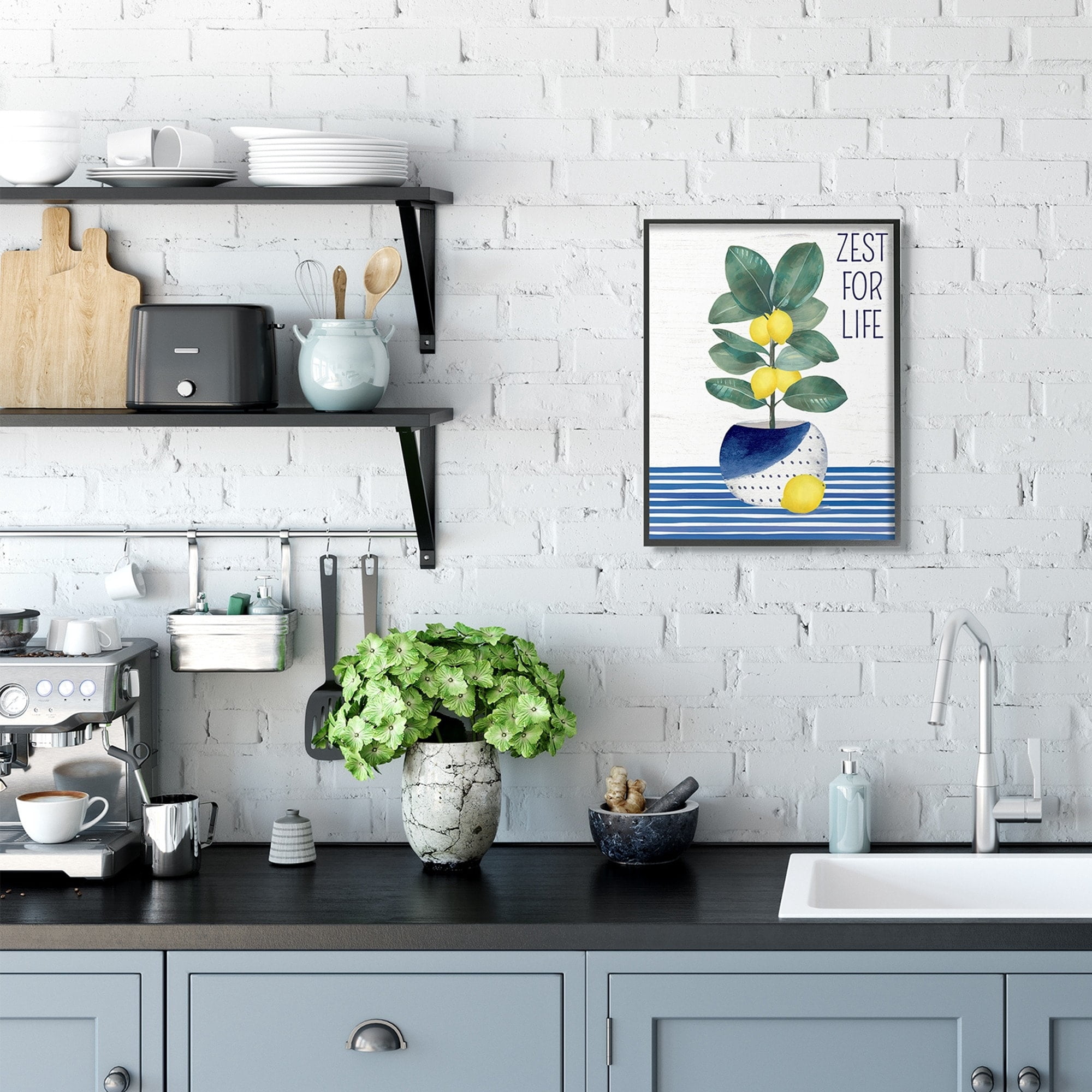 Stupell Industries Zest For Life Lemon Plant Blue Stripes Botanical & Floral Painting Black Framed Art Print Wall Art, 11 x 14