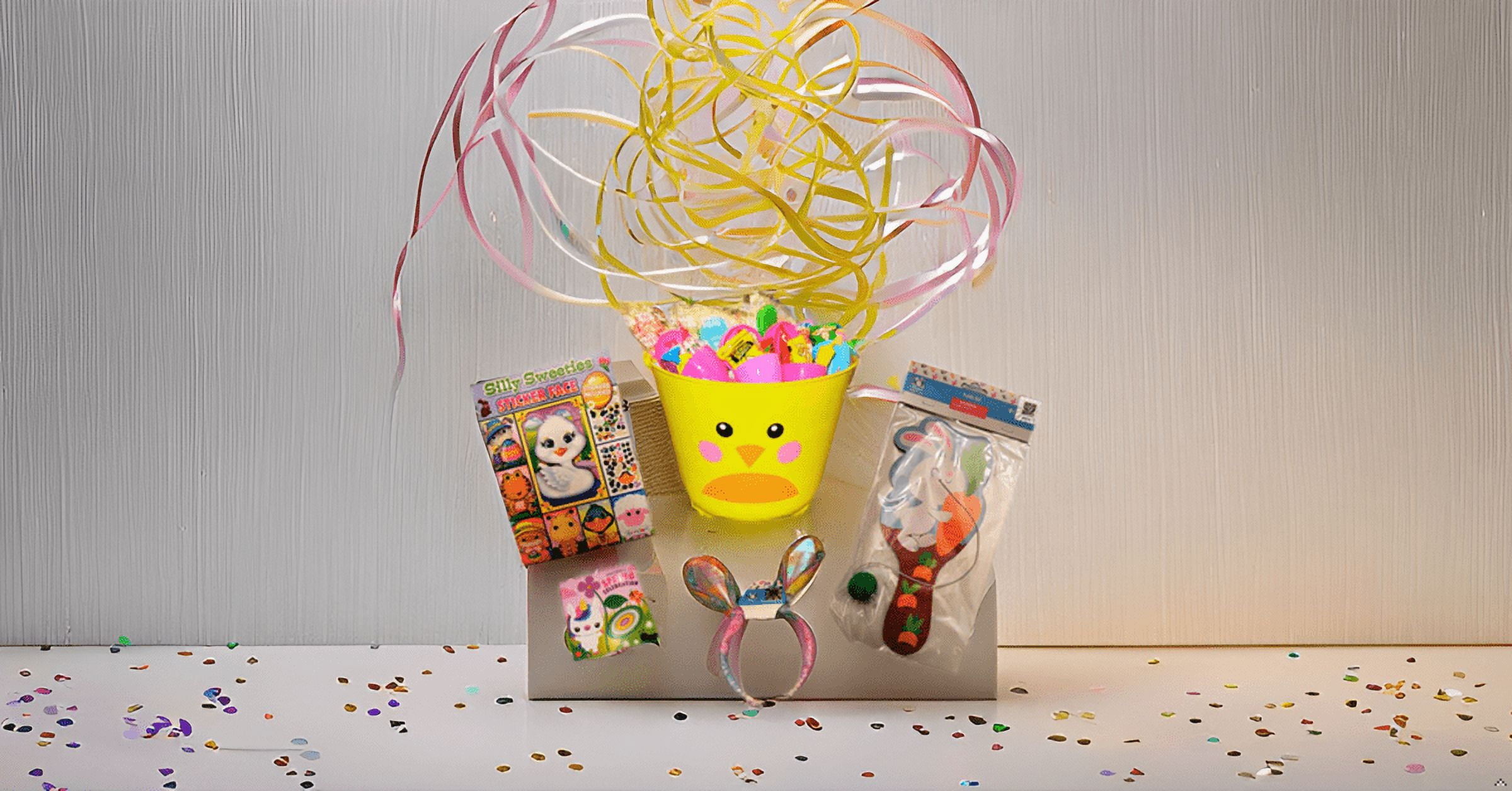 Yellow Custom Prefilled Easter Basket 44 Pieces, Candy Treats Toys Activity Books, All Youth