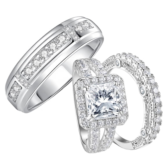 SFTING Wedding Rings Set for His and Her Promise Couple Rings Silver Plated Engagement Rings Set for Couples Size 9&7