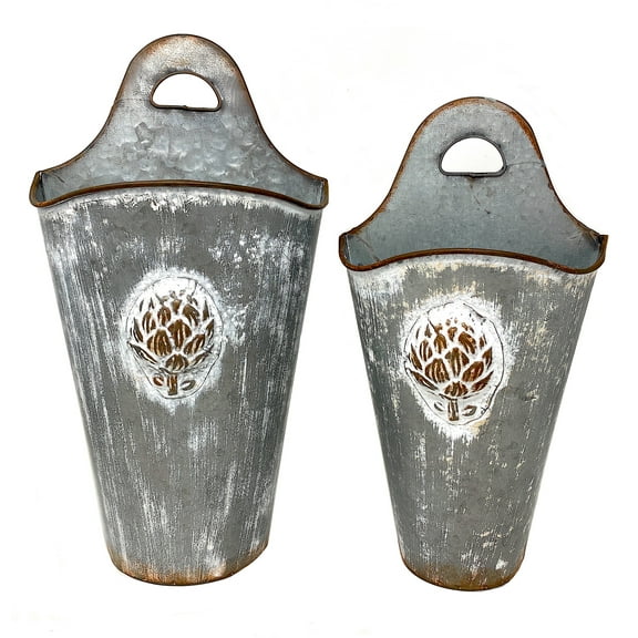 Wall Planters Half Bucket Artishock Design Rustic Metal Modern Whitewashed Room Kitchen Decor Indoor Outdoor 16" & 14"