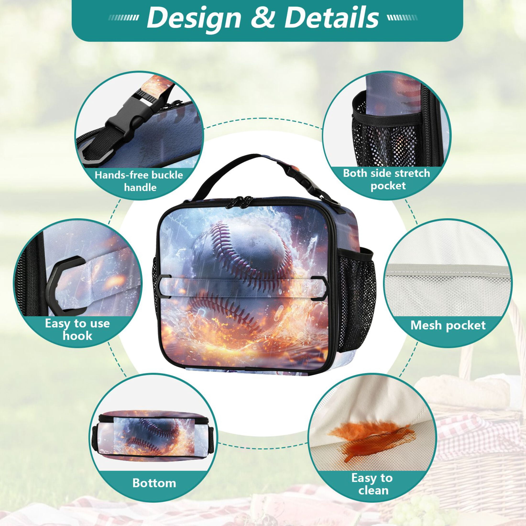 ALAZA Baseball on Fire Lunch Box Insulated Lunch Bag Cooler Tote with Shoulder Strap