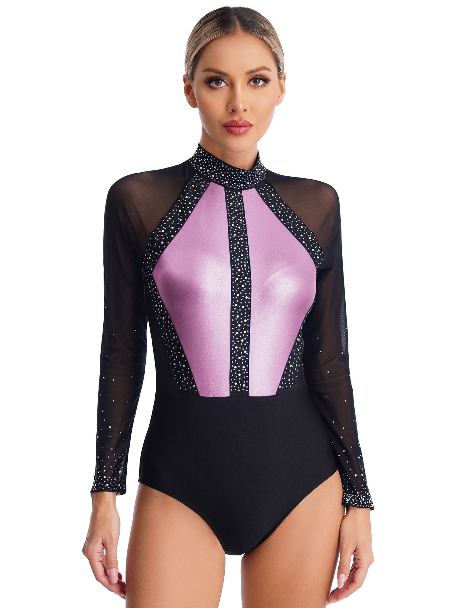 inhzoy Women Mesh Patchwork Gymnastics Leotard Long Sleeves