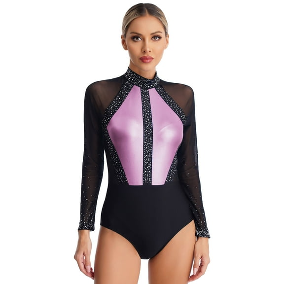 ZALDITA Women Rhinestones Gymnastics Leotard Long Sleeve Ballet Dance Bodysuit Stage Dancewear Costume Pink L