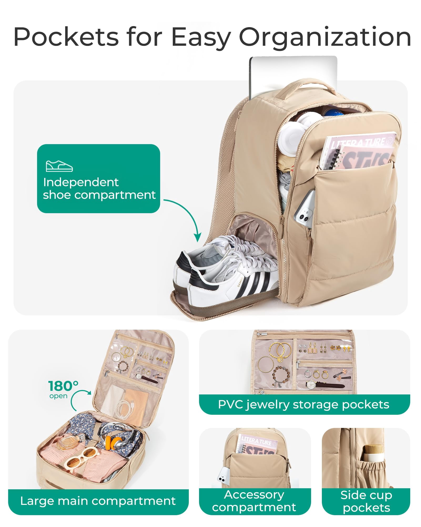 BAGSMART 30L Travel Backpack for Women, Carry on Backpack for Airplanes, Gym Backpack with Shoe Compartment, Lightweight Travel Bag Fits 15.6 Inch, Water-Resistant, Camel