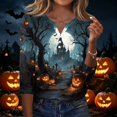 thumbnail image 2 of Halloween Shirts for Women Funny 3/4 Sleeve Tops Horror Pumpkin Castle Printed Pullover Spooky Button V Neck T Shirts Holiday Three Quarter Length Blouses, M, 2 of 6