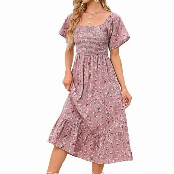Women'S Chiffon Floral Dresses Casual Summer Boho Flutter Sleeve Flowy Western Dress MY112 Pink L