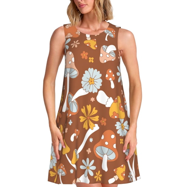 Fotbe Floral Hippie Mushrooms Vestido de Verano sin Mangas para Mujer – Vestido Midi Línea A, Estilo Camiseta Floral, Vestido Playero Casual y Fluido