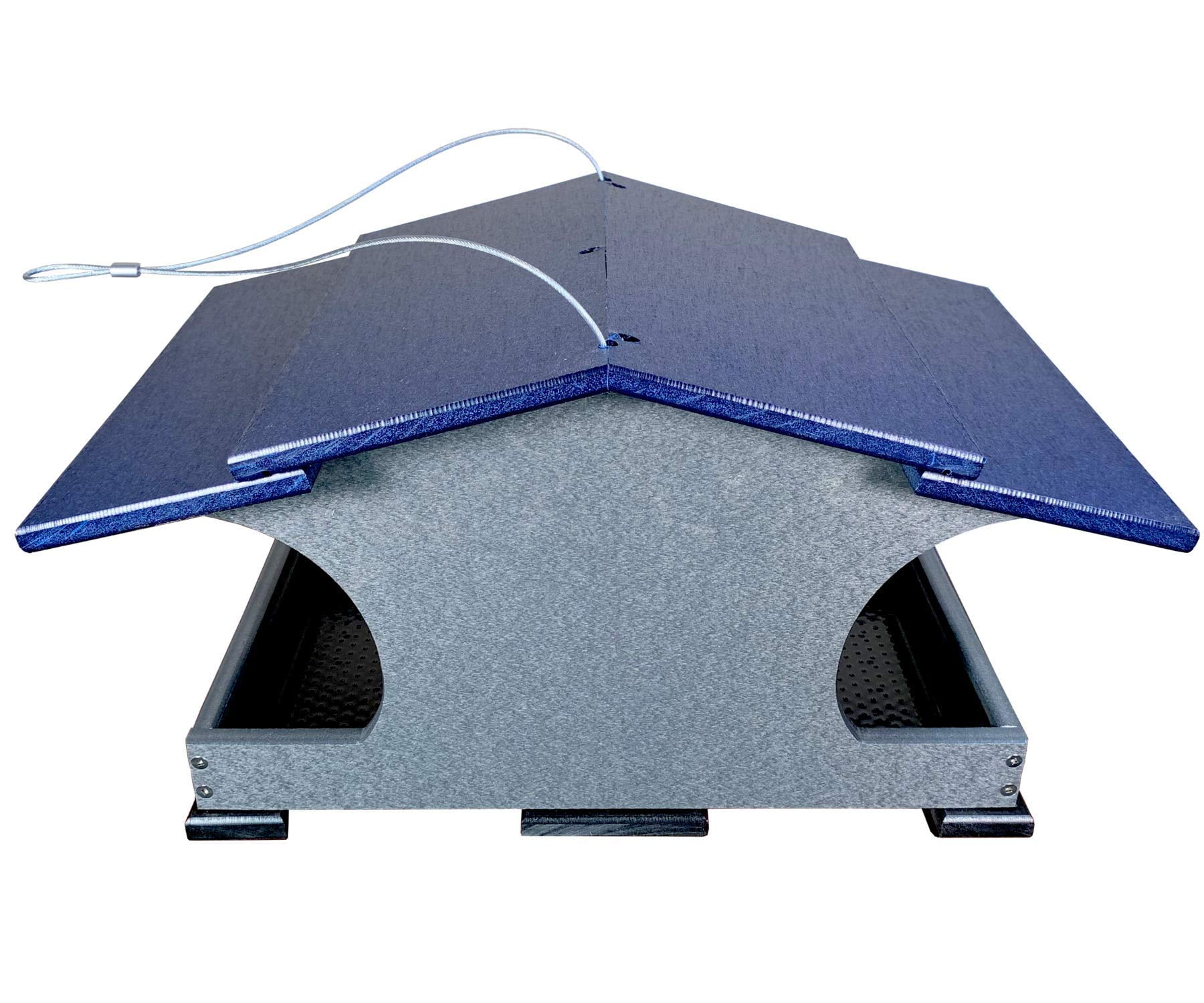 JCs Wildlife Large Poly Hopper Bird Feeder with Universal Mounting Pole Kit - Holds 2 Gallons of Bird Seed - Blue and Gray
