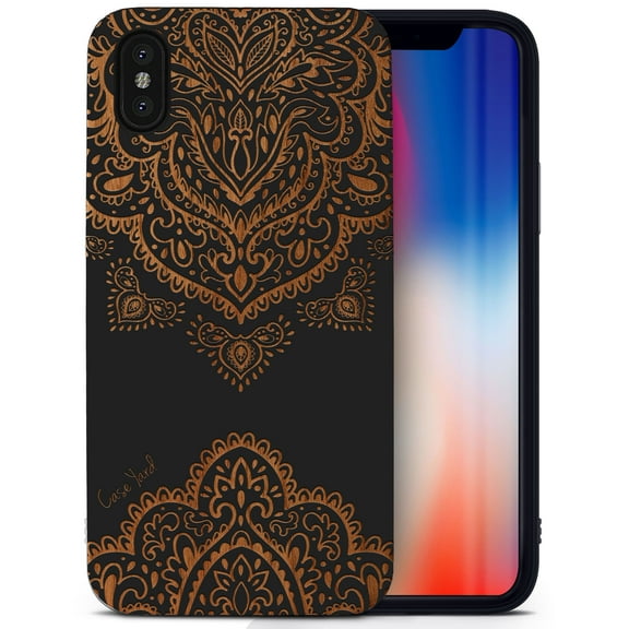 Case Yard Wooden Case for iPhone-X Soft TPU Silicone cover Slim Fit Shockproof Wood Protective Phone Cover for Girls Boys Men and Women Supports Wireless Charging Ornamental Mandala Design