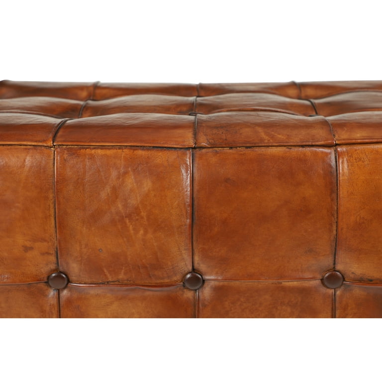DecMode Teak Wood Tufted Upholstered Leather Bench Brown