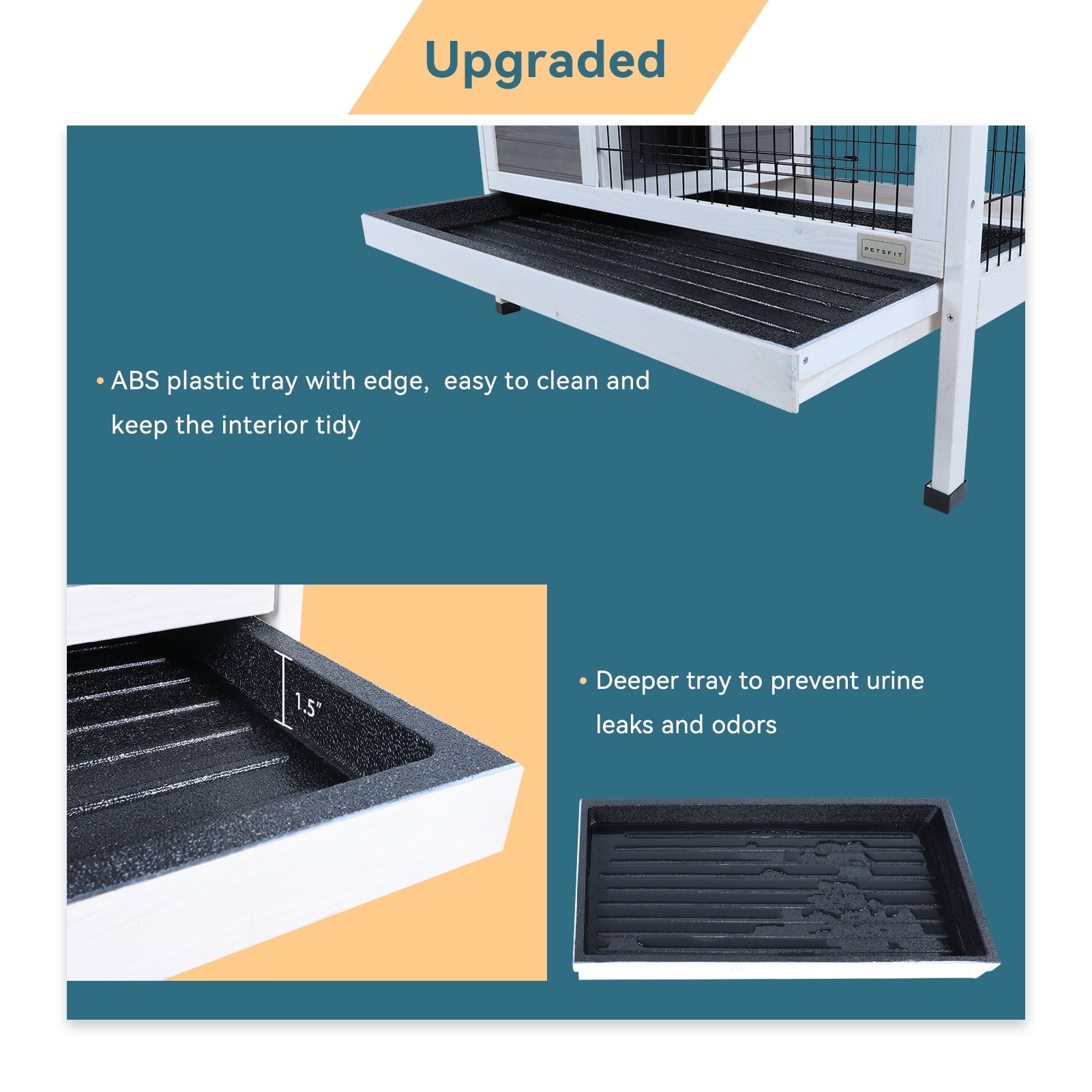 PETSFIT Guinea Pig House Leak Proof Design, Spruce Wood Rabbit Hutch with Bottom Net Hideout for Rest and Ramp for Enter and Out Solid Gray