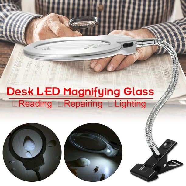 Large Lens Magnifier Lighted Lamp Top Desk Magnifying Glass Battery Powered  With Clamp LED Light 