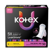 Kotex Ultra Thin Pads with Wings, Regular Absorbency, 50 Count