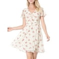 thumbnail image 1 of Vestido de Chiffon con Cuello en V Floral de Manga Corta con Cierre de Encaje para Mujeres M Blanco, 1 of 8