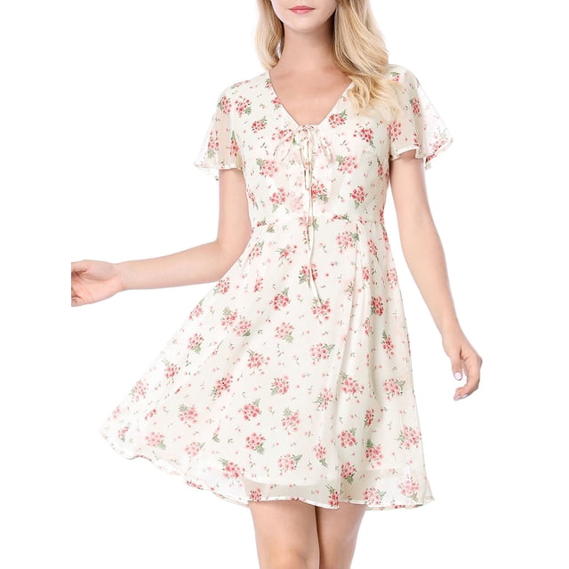 INSPIRE CHIC Vestido de Chifón con Cuello en V Floral de Manga Corta con Cierre de Cordón y Cremallera XL Blanco