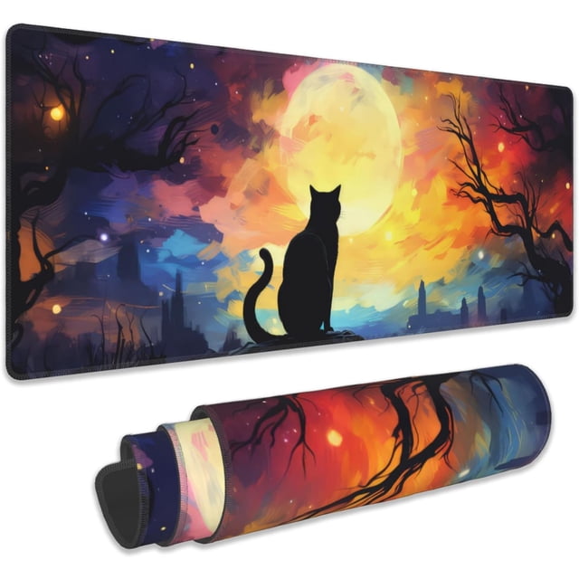 Gaming Mouse Pad, Black Cat Starry Night Extended Mouse Pad Gaming Large, 31.5"x11.8" Big Desk Mat with Non-Slip Base and Stitched Edge, Long Computer Keyboard Mouse Mat for Home Office Work