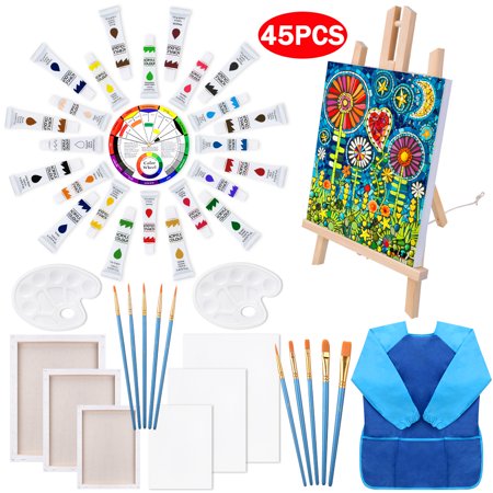 BRIZI LIVING Acrylic Painting Supplies Kit- 45-Piece Acrylic Painting Supplies Kit  24 Non Toxic Washable Paints,1 Table Top Easel, 6 Painting Canvas, 5 Paint Brushes, 2 Color Mixing Palette, 1 Waterp