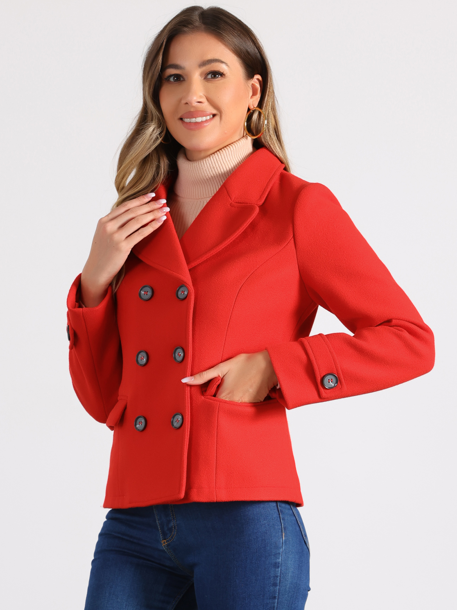 DARING DIVA Women's Notched Lapel Outerwear Double Breasted Coat Red XL