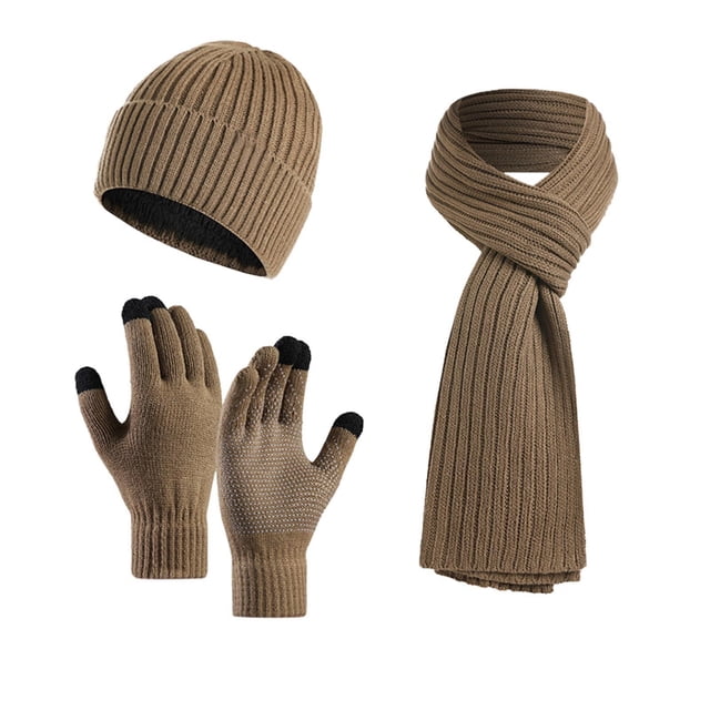 Aocisk Winter Warm Wool Knit Hat Scarf Gloves Set for Women Men Slouchy Screen Mittens Accessories Khaki One Size