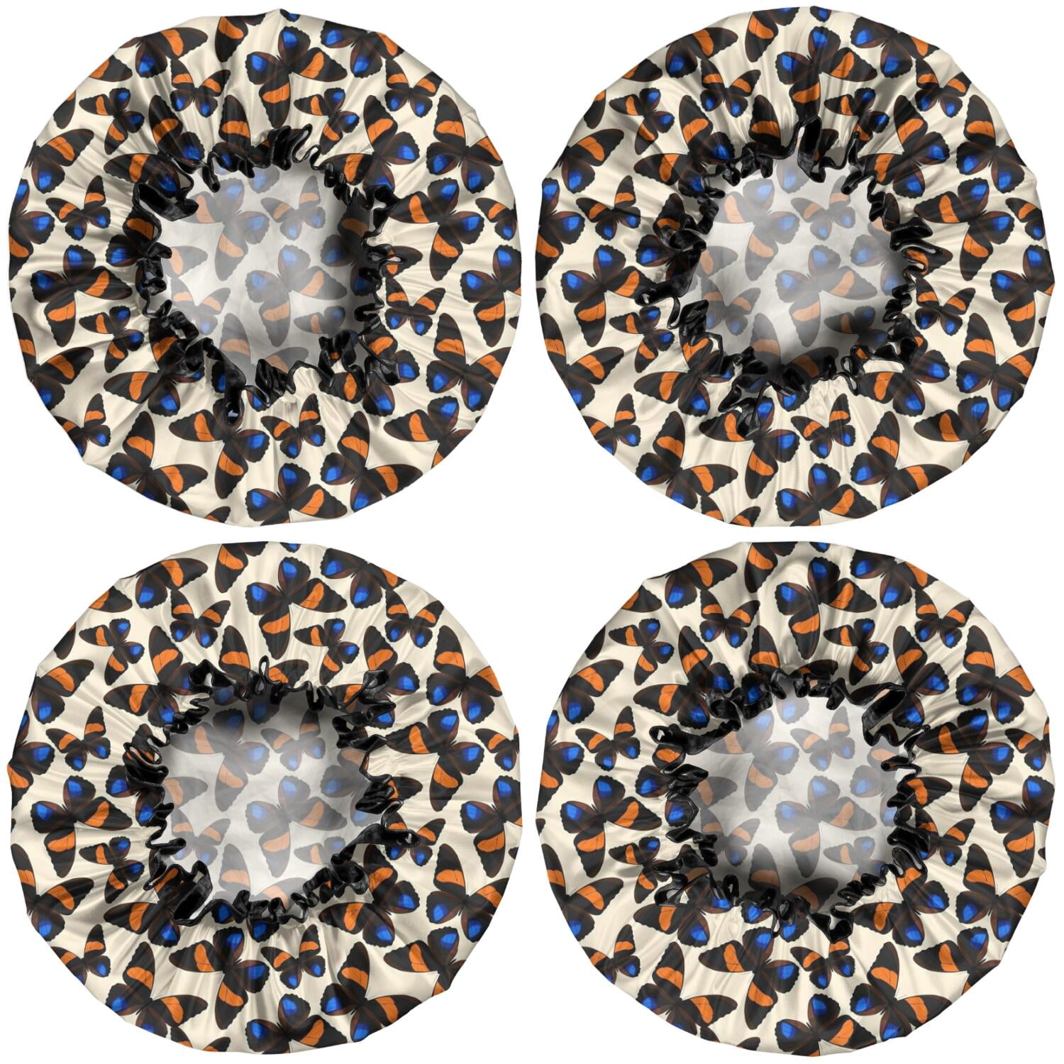 Shower Caps,Beige Butterfly Blue Orange Pattern Waterproof Shower Cap for Women 4 Pieces,Double Reusable Hair Cover for Shower PEVA Elastic Stretch Hem