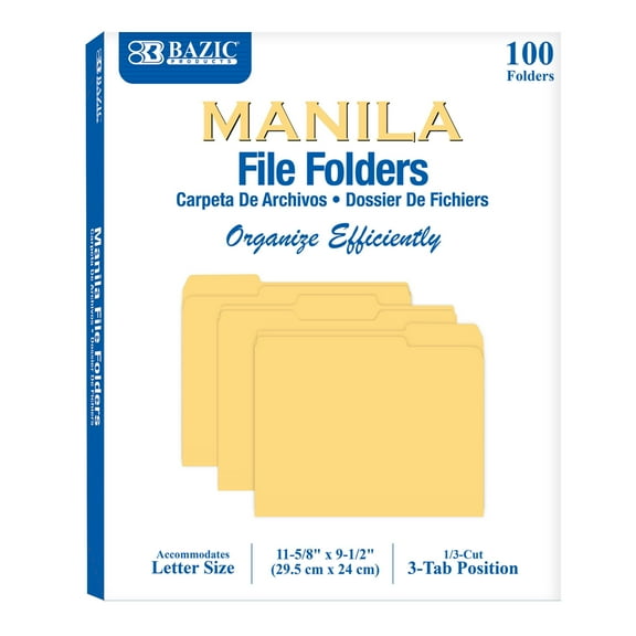 BAZIC Manila File Folder 1/3 Cut Letter Size 11 5/8" x 9 /2",100-Count