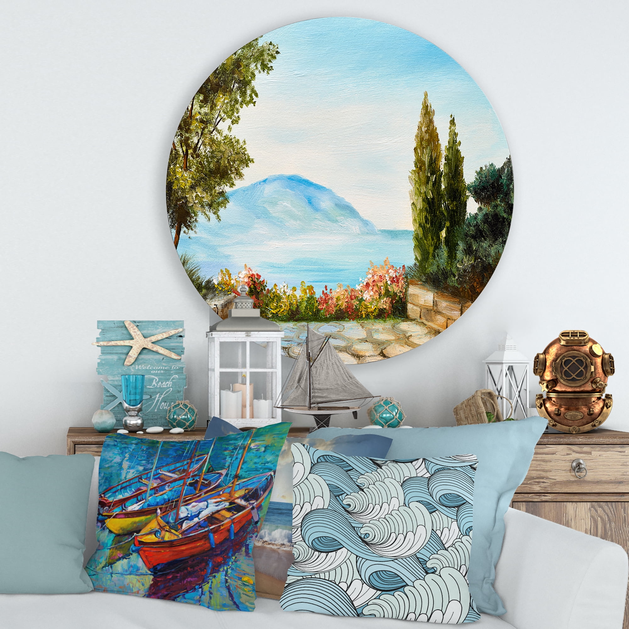 Designart 'Beautiful Mountains View By The Sea Side' Nautical & Coastal Circle Metal Wall Art 36x36 - Disc of 36