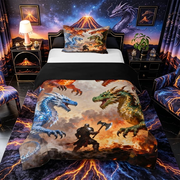 Metsweet Magic Dragon Twin Duvet Cover, Abstract Animal Twin Bedding, Red Blue Green,Black Reversible,2pcs,1 Duvet Cover and 1 Pillowcase