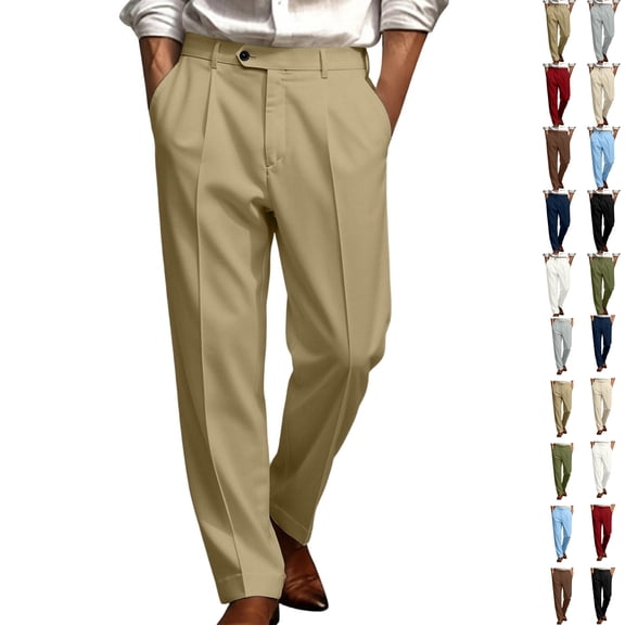 Zenithor Men's Pleated Dress Pants Button Belt Loops Winter Business Casual Straight Leg for Dating Weddings (No Belt) S-3XL